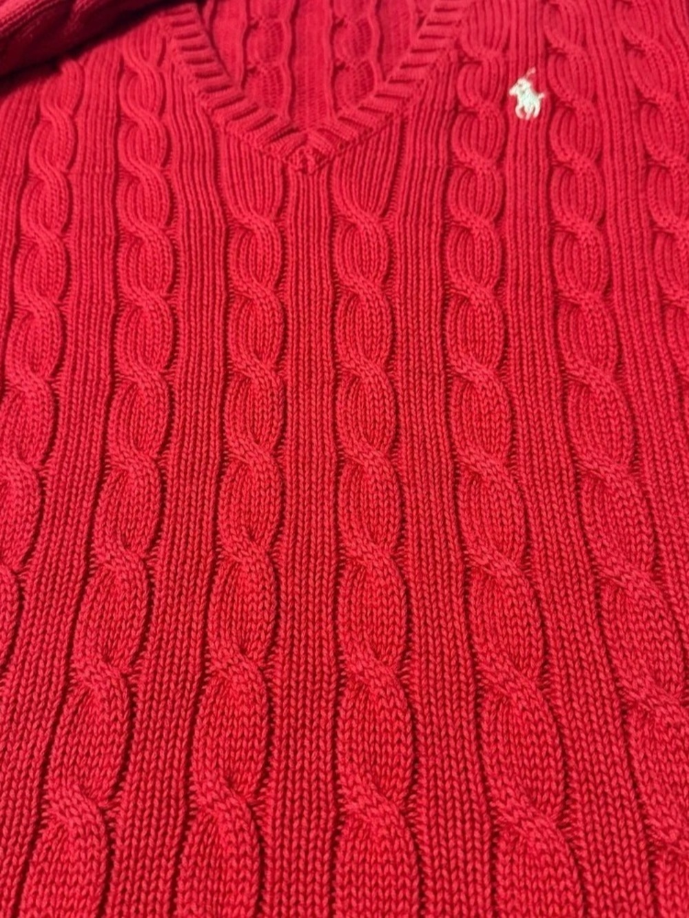 Ralph Lauren Red 100% Cotton Cable Knit V-Neck Sweater M Gold Pony EUC - Picture 6 of 10